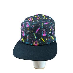 Jack + Sage 5 Panel Camper Hat Black Ski Snowboard Gondola Retro Print NWT